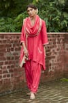 Buy_Vashisht Guru Dutt_Coral Raw Silk Embroidered V Neck Kurta Set _at_Aza_Fashions