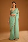 Buy_Shyam Narayan Prasad_Green Silk Embroidered Zardozi Leaf Neck Saree With Sleeveless Blouse  _at_Aza_Fashions