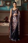 Buy_Priyanka Jain_Blue Velvet Lining Shantoon Print And Embroidery Pre-draped Saree With Blouse _at_Aza_Fashions