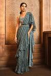 Buy_Aneesh Agarwaal_Blue Chiffon Print Ikat Scoop Neck Pre-draped Saree With Blouse _at_Aza_Fashions