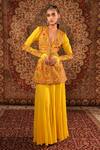 Buy_Aditi Gupta_Yellow Satin Beads, Lace V-neck Kashida Work Kurta And Sharara Set _at_Aza_Fashions