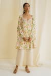 Buy_Drishti & Zahabia_Cream Dupion Silk Embroidered Floral Bell Sleeve Kurta And Cropped Pant Set _at_Aza_Fashions