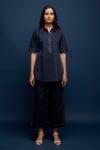 Buy_Escape By Aishwarya_Blue Cotton Satin Embroidery Collared Side Open Tich Shirt _at_Aza_Fashions