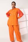 Buy_Studio Moda India_Orange Cotton Embroidery Collared Pleated Sleeve Flow Shirt _at_Aza_Fashions