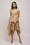 Buy_Escape By Aishwarya_Beige Cotton Satin Solid Collared Neck Asymmetric Dress With Fabric Belt _at_Aza_Fashions