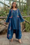 Buy_Kacha Tanka_Blue Dupion Art Silk And Cotton Satin Hand Embroidery Flower Work Jacket Kurta Set _at_Aza_Fashions