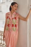 Buy_Betrue_Peach Cotton Linen Hand Embroidered Floral Lapel Overlap Waistcoat  _at_Aza_Fashions