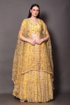 Buy_Vara by Vibha n Priti_Yellow Chiffon And Organza Print Floral Round Neck Tiered Lehenga Cape Set _at_Aza_Fashions