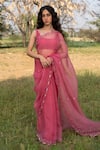 Buy_Zoon_Pink Saree Silk Organza Embroidered Aari Sequin Embellished Border With Blouse _at_Aza_Fashions