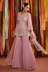 Buy_Label Sanya Gulati_Purple Net Embroidered Sequins V Neck Floral Peplum Top Sharara Set For Women_at_Aza_Fashions