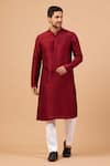 Buy_Hilo Design_Maroon Falling Raw Silk Plain Mandarin Collar Kurta Pant Set _at_Aza_Fashions