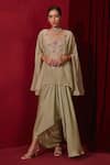 Buy_Ajiesh Oberoi_Green Organza Embroidered Pearl Cape  Notched Chahat Skirt Set _at_Aza_Fashions