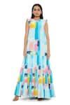 Buy_Payal Singhal_Blue Crepe Print Painterly Round Tiered Dress_at_Aza_Fashions