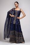 Buy_Shruti S_Blue Kurta Silk Hand Block Print Floral Square Neck Metallic Sharara Set _at_Aza_Fashions