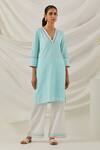 Buy_The Indian Cause_Blue Cotton Piping V-neck Solid Straight Kurta_at_Aza_Fashions