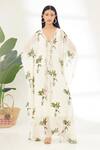 Buy_Nikasha_Off White Georgette Printed Banana Tree V Neck Hand Kaftan _at_Aza_Fashions