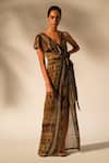 Buy_Nikita Mhaisalkar_Green Sequin Pure Georgette Print Aztec V Neck Drape Gown _at_Aza_Fashions