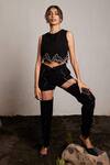 Buy_Pocket Stories_Black Microsuit Embroidery Beads And Wave Pattern Crop Top & Thigh Cutout Pant Set _at_Aza_Fashions