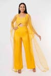 Buy_Mehak Murpana_Yellow Raw Silk Embroidery Floral Jumpsuit Leaf Neck Bodice With Cape _at_Aza_Fashions