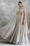 Buy_Cedar & Pine_Beige Organza Embroidered And Embellished Zari Cape Open Lehenga Set _at_Aza_Fashions