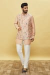 Buy_Aqube by Amber_Peach Raw Silk Floral Embroidered Bundi_at_Aza_Fashions