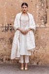 Shop Gulabo Jaipur White Cotton Embroidery, Lace Round Neck Emira Zardozi Hand Kurta Set at Aza Fashions Shop_Gulabo Jaipur_White Cotton Embroidery, Lace Round Neck Emira Zardozi Hand Kurta Set _at_Aza_Fashions