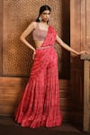 Buy_Aneesh Agarwaal_Red Chiffon Print Flower Square Neck Pre-draped Floral Sharara Saree Blouse Set _at_Aza_Fashions