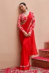 Buy_Dheeru Taneja_Red Georgette Gul Ruffle Pre-draped Saree With Printed Blouse  _at_Aza_Fashions