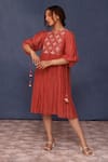Buy_Chokhi Chorri_Red Cotton Beads Open Neck Nika Embroidered Yoke Dress _at_Aza_Fashions