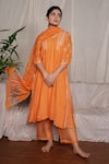 Buy_Pants and Pajamas_Orange Kurta Chikan And Pant Cotton Silk Embroidery Crayon & - Set Of 2 _at_Aza_Fashions