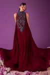 Buy_Mala and Kinnary_Maroon Georgette Embroidered Crystal High Neck Beetroot Tent Gown  _at_Aza_Fashions