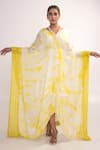 Buy_Merge Design_Yellow Chiffon, Crepe Embroidery V-neck Tie Dye Kaftan With Belt _at_Aza_Fashions