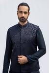 Buy_Kaka Calcutta_Blue Cotton Embroidery Navy Hand Bundi _at_Aza_Fashions