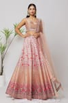 Buy_Samyukta Singhania_Peach Blouse And Lehenga Pure Silk Embroidered Floral V Neck Hand Bridal Set _at_Aza_Fashions