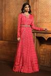 Buy_Aneesh Agarwaal_Red Chiffon, Organza, Linen Embroidery, Mirrors Floral Print Draped Anarkali _at_Aza_Fashions
