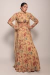 Buy_Label Shristi Chetani_Beige Crepe, Georgette Beads Floral Pattern Lehenga Embellished Blouse Set _at_Aza_Fashions