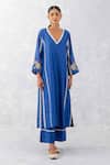Devnaagri_Blue , Chanderi, Organza Beads, Sequins, Dori Kurta Palazzo Set _Online_at_Aza_Fashions