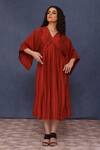 Buy_Chokhi Chorri_Red Silk Beads V-neck Azar Gathered Dress _at_Aza_Fashions