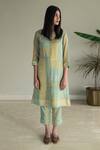 Buy_Shorshe Clothing_Green Kurta Zari Jamdani Striped Muslin Woven Block Boat Neck And Pant Set _at_Aza_Fashions