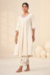 Buy_Hirika & Dhruti_Ivory Handloom Cotton Embroidery V-neck Anarkali And Pant Set _at_Aza_Fashions