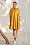 Buy_Kharakapas_Yellow Mulmul Cotton Solid V Warm Afternoon Puffed Sleeve Short Dress  _at_Aza_Fashions