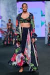 Buy_Mahima Mahajan_Blue Satin Organza Printed Floral Cape Open Shrug And Draped Skirt Set _at_Aza_Fashions