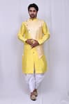 Buy_Arihant Rai Sinha_Yellow Art Silk Woven Floral Jacquard Panelled Kurta And Cowl Pant Set_at_Aza_Fashions
