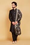 Buy_Amrin khan_Black Sherwani Raw Silk Band Collar Set_at_Aza_Fashions