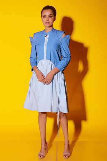 Buy_Echke_Blue Poplin Mandarin Collar Colour Block Short Dress _at_Aza_Fashions