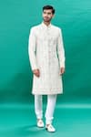 Buy_RNG Safawala_Off White Raw Silk Embroidery Thread Floral Pattern Sherwani Set _at_Aza_Fashions