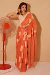 Buy_BANANA labs_Orange Cotton Hand Block Print Big Checks Squash Saree _at_Aza_Fashions