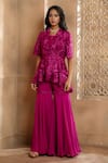 Buy_OMANA BY RANJANA BOTHRA_Magenta Peplum - Organza Embroidery Thread Jacket Collin Dori Gharara Set _at_Aza_Fashions