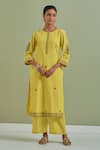 Buy_Priya Chaudhary_Yellow Cotton Embroidery Round Neck Kurta And Pant Set _at_Aza_Fashions