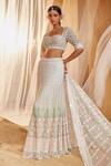 Buy_House of Exotique_Ivory Georgette Embroidery Round Neck Chikanari Lehenga Set _at_Aza_Fashions